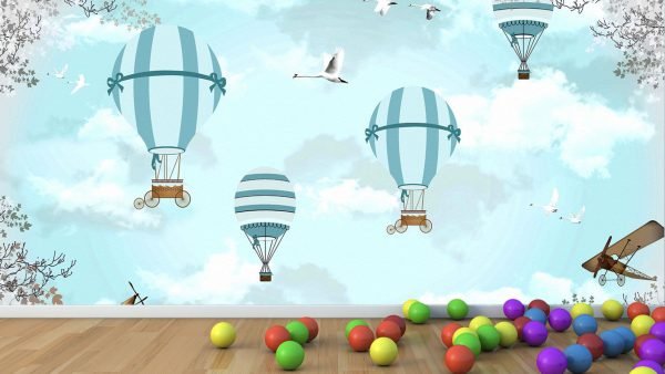 Uçan Mavi Araba Desenli Duvar Kumaşı
